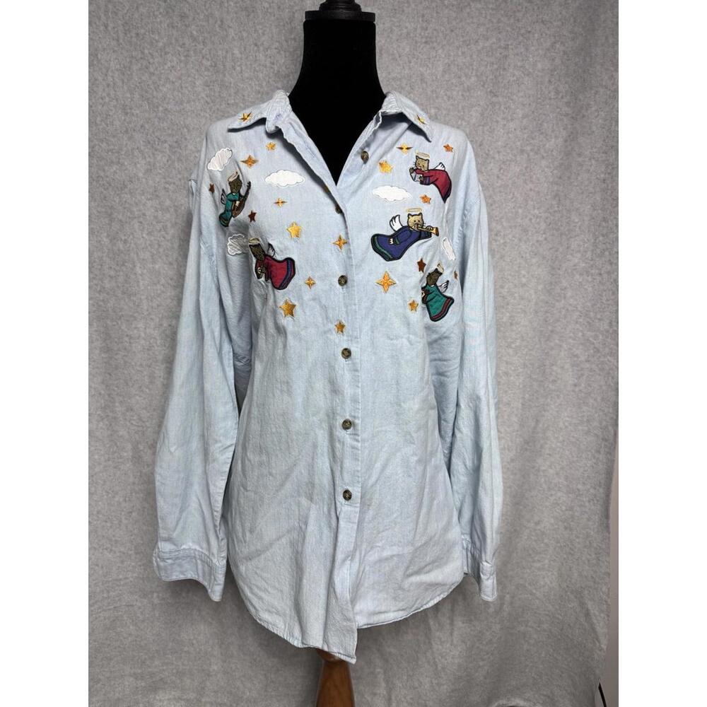 Vintage Karen Scott Embroidered Cat Button Up Women's XL 100% Cotton Artsy